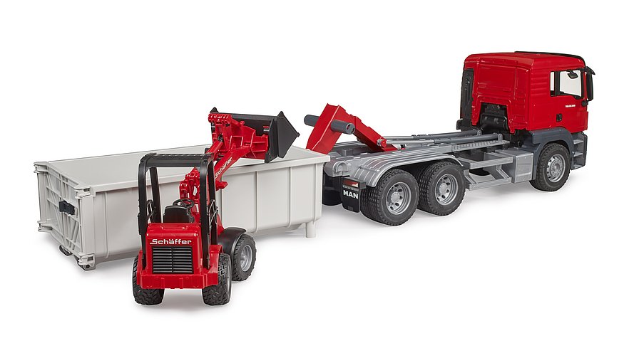 Bruder 03767 Man TGS Truck with Roll-Off Container and schaeff Compact Loader