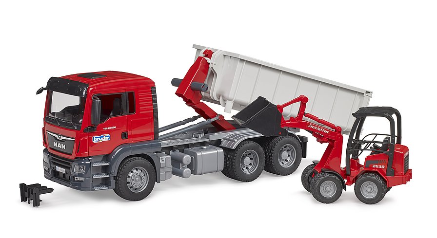 Bruder 03767 Man TGS Truck with Roll-Off Container and schaeff Compact Loader