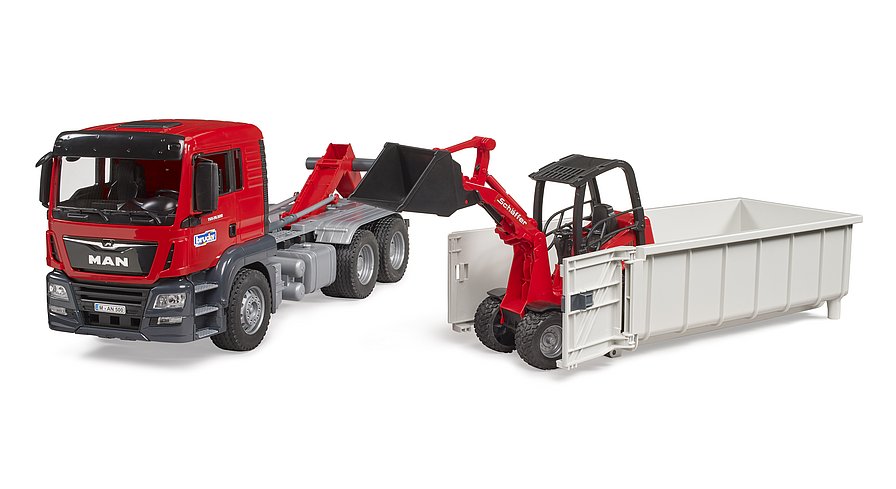 Bruder 03767 Man TGS Truck with Roll-Off Container and schaeff Compact Loader