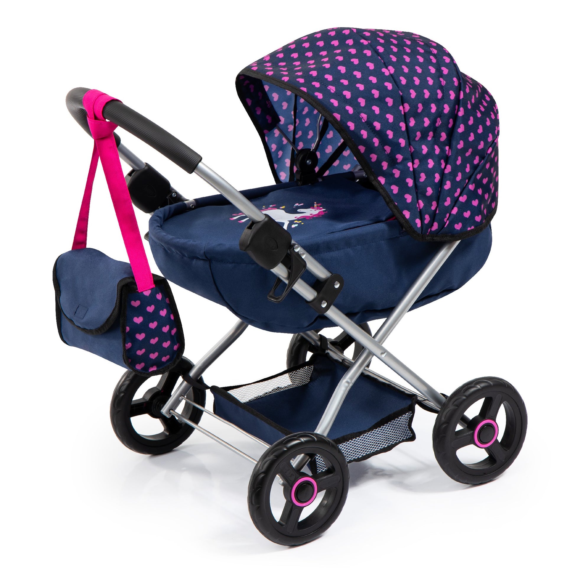 Bayer Doll Pram Cosy Dark Blue with Pink Heart Hood