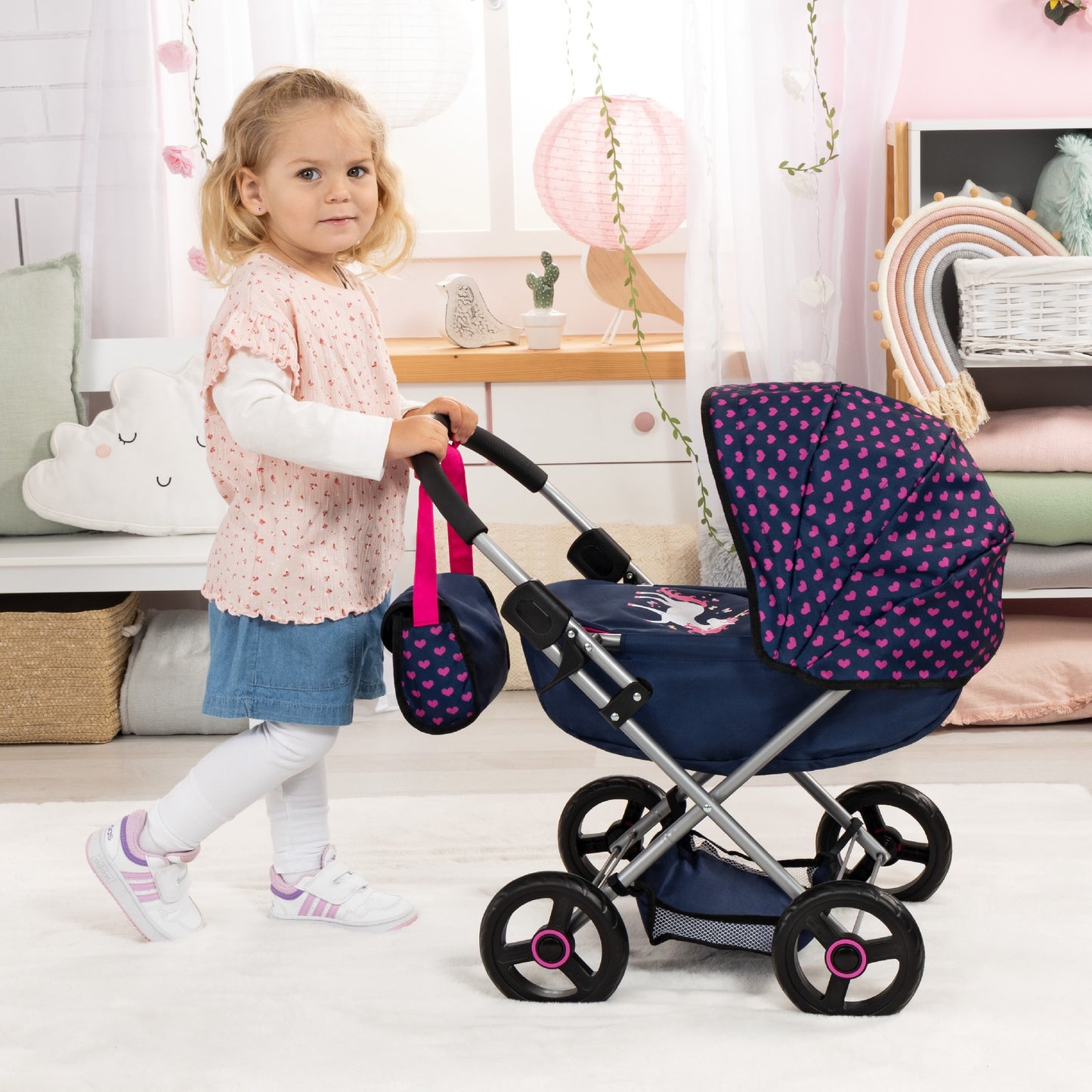 Bayer Doll Pram Cosy Dark Blue with Pink Heart Hood