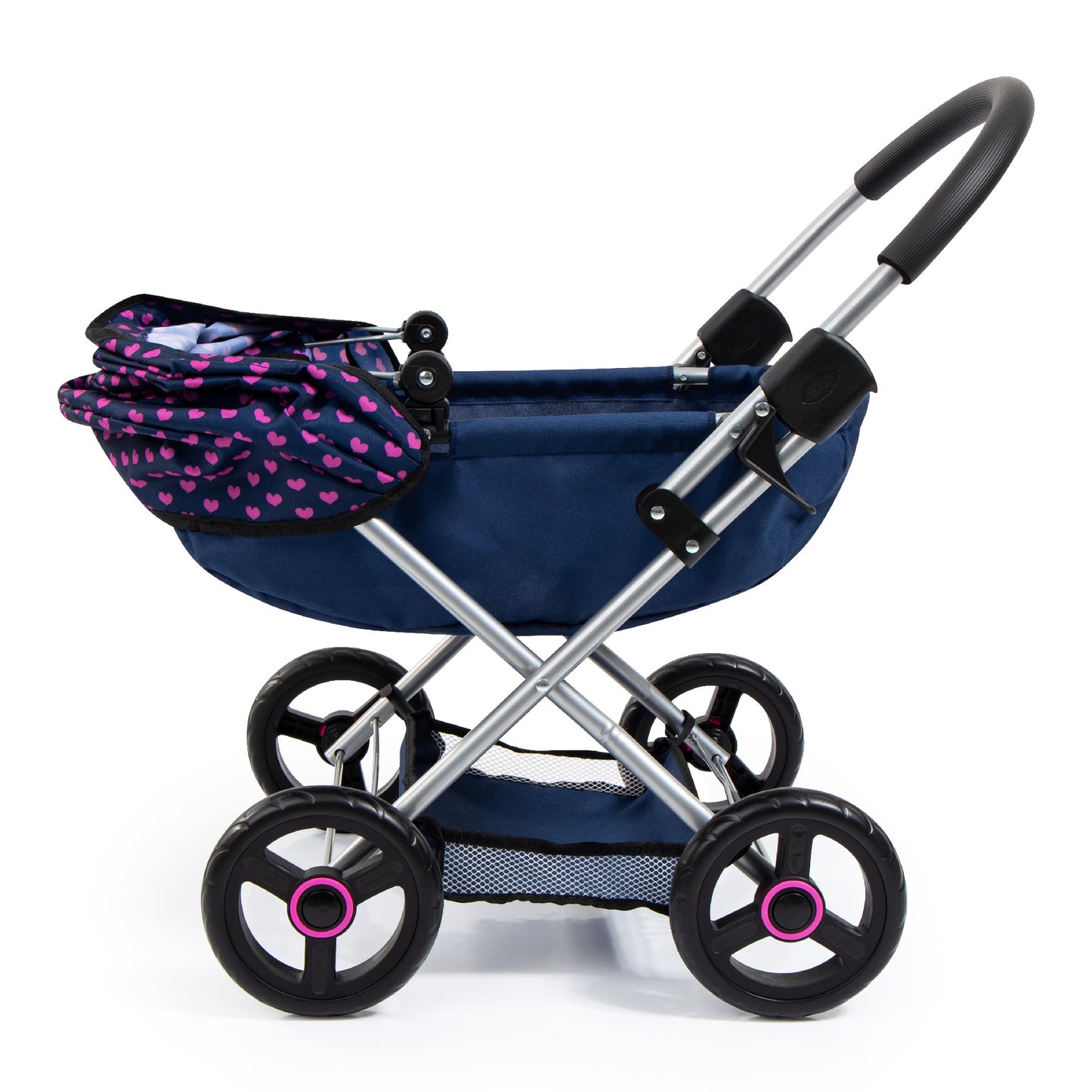 Bayer Doll Pram Cosy Dark Blue with Pink Heart Hood