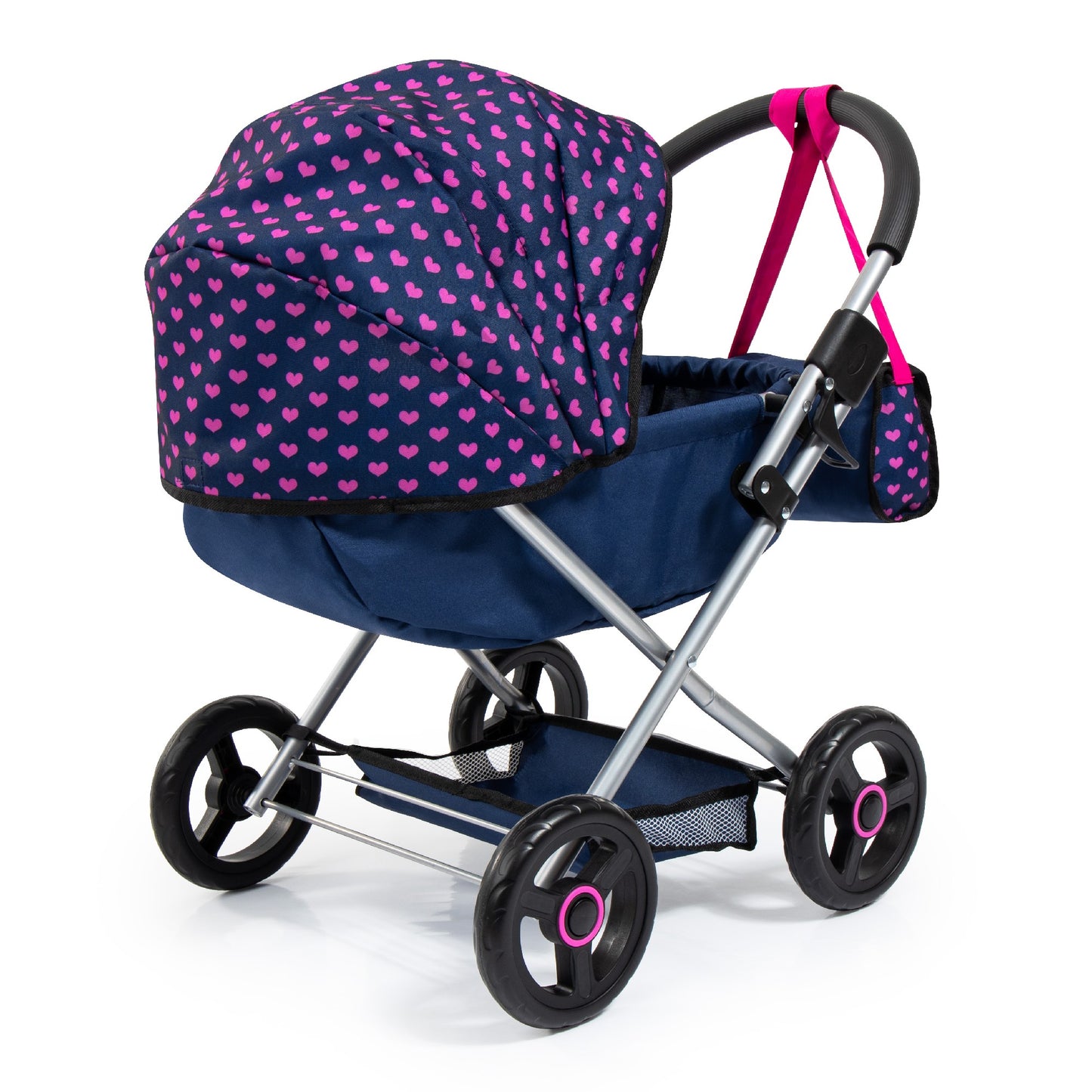 Bayer Doll Pram Cosy Dark Blue with Pink Heart Hood