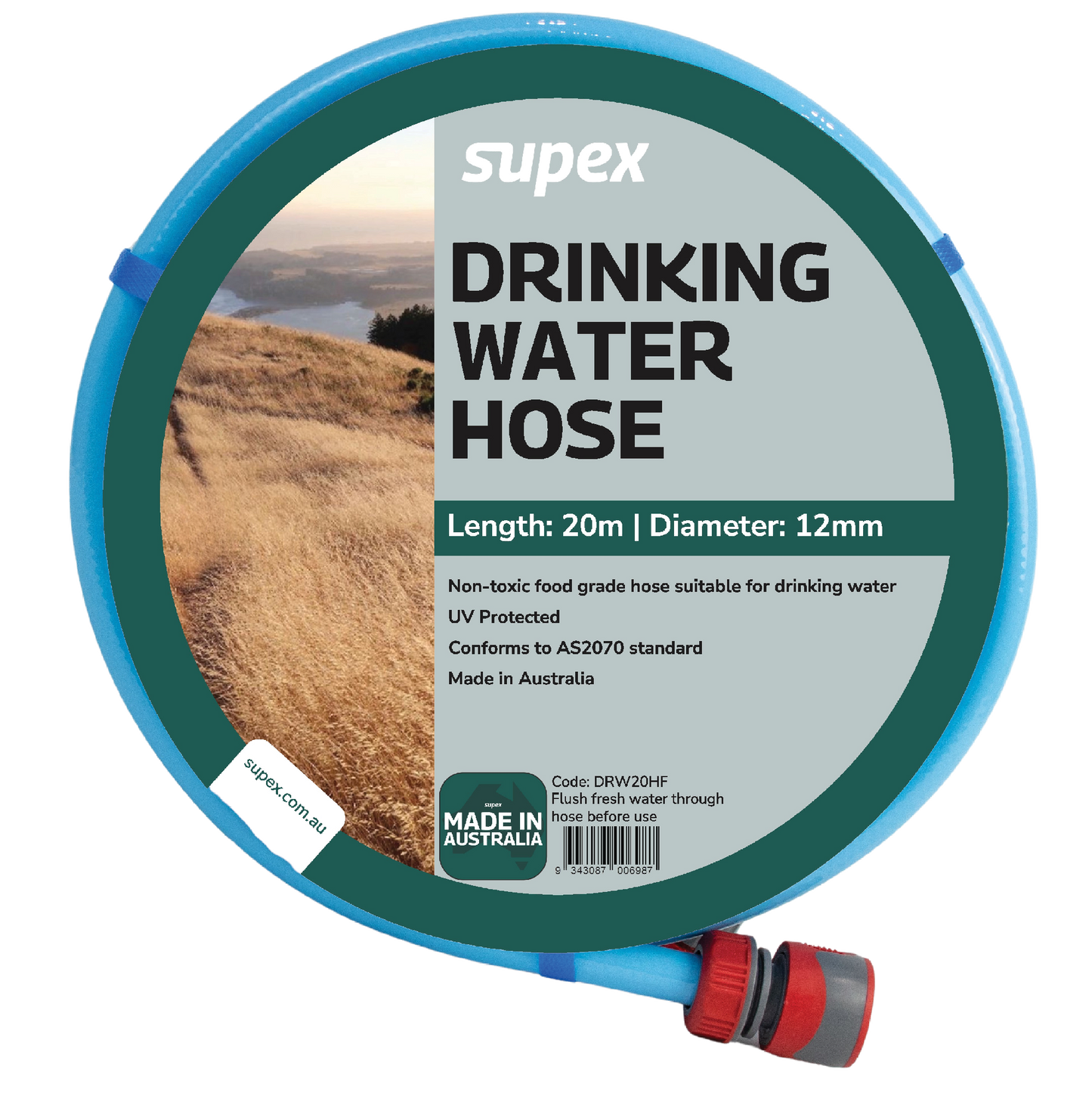 Drinking Water Hose Supex 20m with Fittings - Made in Australia