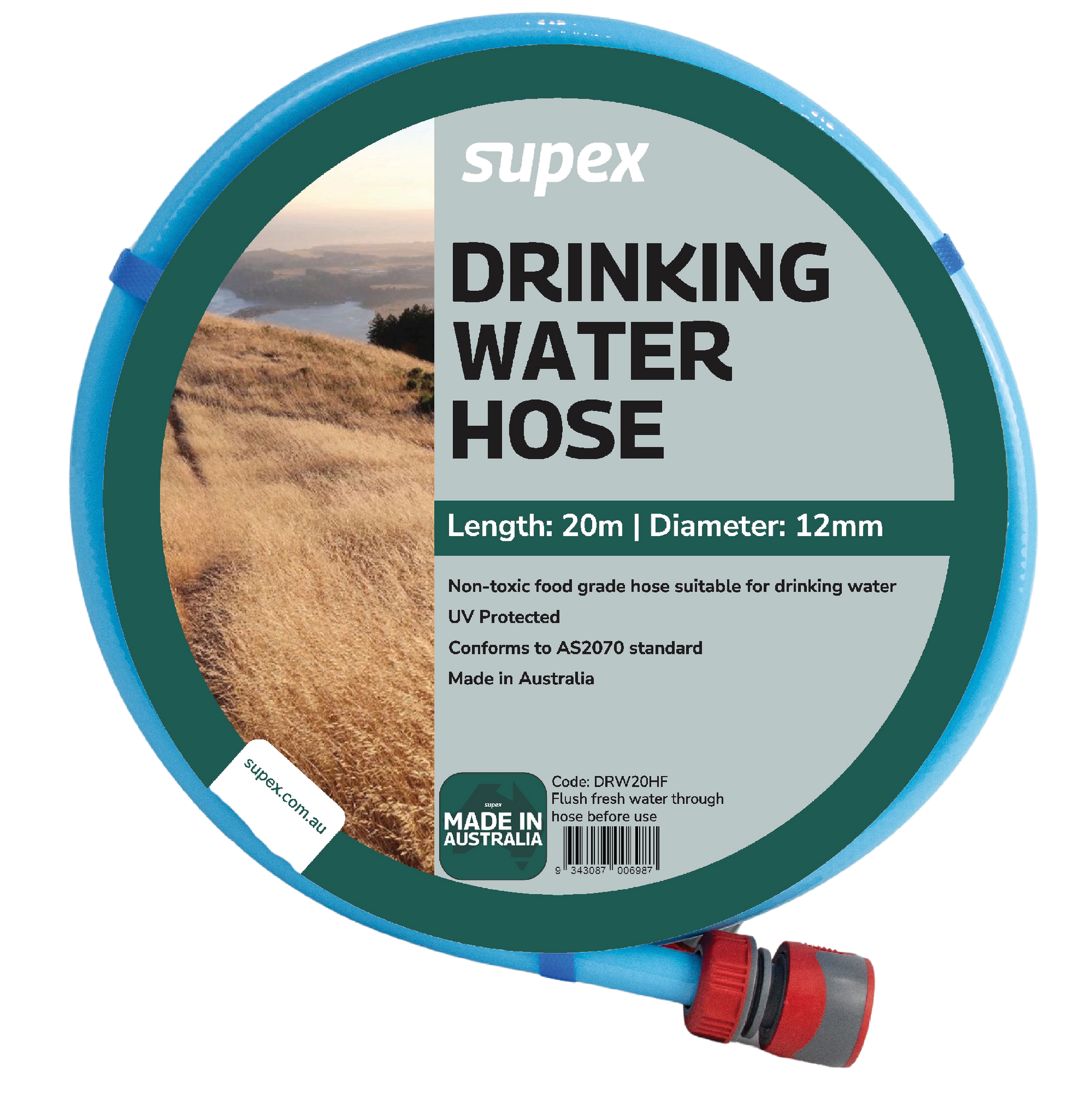Drinking Water Hose Supex 20m with Fittings - Made in Australia